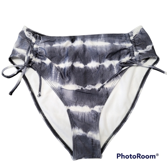 California Waves Black And White Tie Dye Side Cinched High Waisted Bikini Bottom - Picture 1 of 6